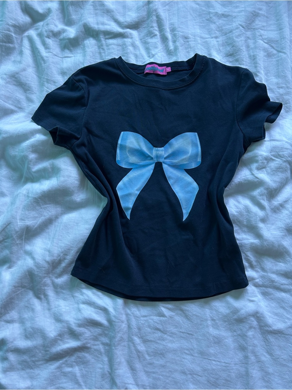 Edikted navy blue Short Sleeve Tee with Blue Bow Graphic